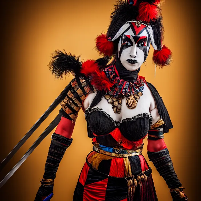 Image similar to full body photo of a real - life very beautiful female harlequin warrior, 8 k, hdr, smooth, sharp focus, high resolution, award - winning photo
