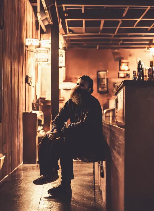 Prompt: Photography of a sad fully bearded man wearing warm clothes and carrying a huge travel backpack, drinking and smoking , sitting in a bar, full body shot, atmospheric lighting , wide angle lens