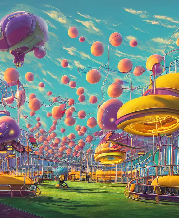 Image similar to a puffy inflated amusement park made out of seamless alien creatures, in the style of an aerodynamic obese robot, overgrown with thick orchids, partly cloudy, sun - drenched, dramatic lighting, by dan mumford, yusuke murata, makoto shinkai, ross tran, cinematic, unreal engine, cel shaded, featured on artstation, pixiv