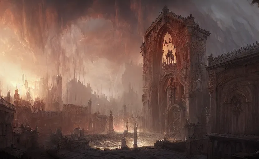 Image similar to a demonic magical ethereal portal to hell. in a medieval fantasy mediterranean town. dark fantasy matte painting by eddie mendoza