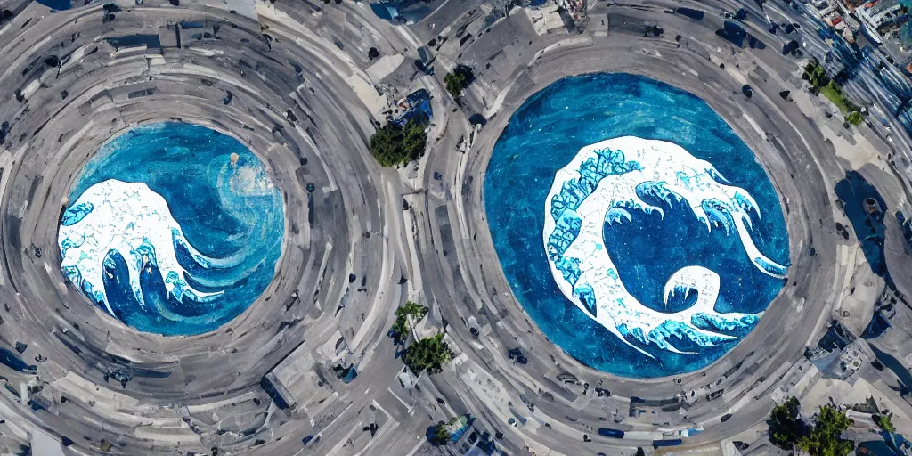 Prompt: A white and blue marble sculpture of The Great Wave off Kanagawa in the middle of an empty Italian piazza, midday, 4k photograph, sunny day, long shot, overhead view, far away