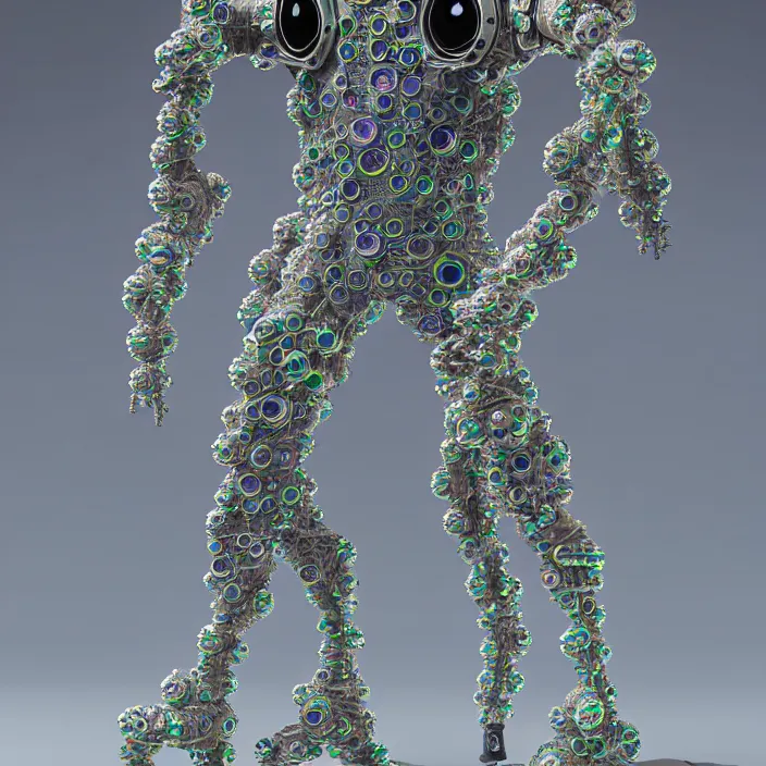 Image similar to a cybernetic symbiosis of a single astronaut mech-organic eva suit made of pearlescent wearing anodized thread knitted shiny ceramic multi colored yarn thread infected with kevlar,ferrofluid drips,carbon fiber,ceramic cracks,gaseous blob materials and diamond 3d fractal lace iridescent bubble 3d skin dotted covered with orb stalks of insectoid compound eye camera lenses orbs floats through the living room, film still from the movie directed by Denis Villeneuve with art direction by Salvador Dalí, wide lens,