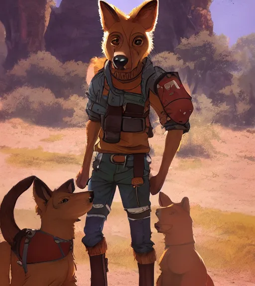 Prompt: stylized 3 / 4 portrait concept art of the anthro anthropomorphic dingo dog head animal person fursona wearing clothes adventurer standing in australia outback, hidari, color page, tankoban, 4 k, tone mapping, akihiko yoshida