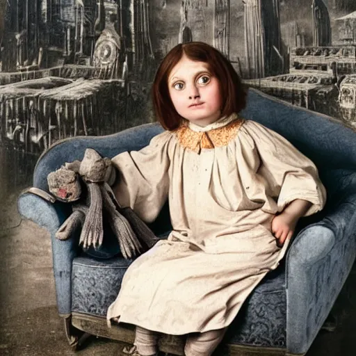 Image similar to a color photo of young sad victorian gothic child with big eyes and wide grin sitting on a sofa of bones surrounded by a cyber futuristic cityscape made of human body parts, sigma 8 5 mm, award winning photography