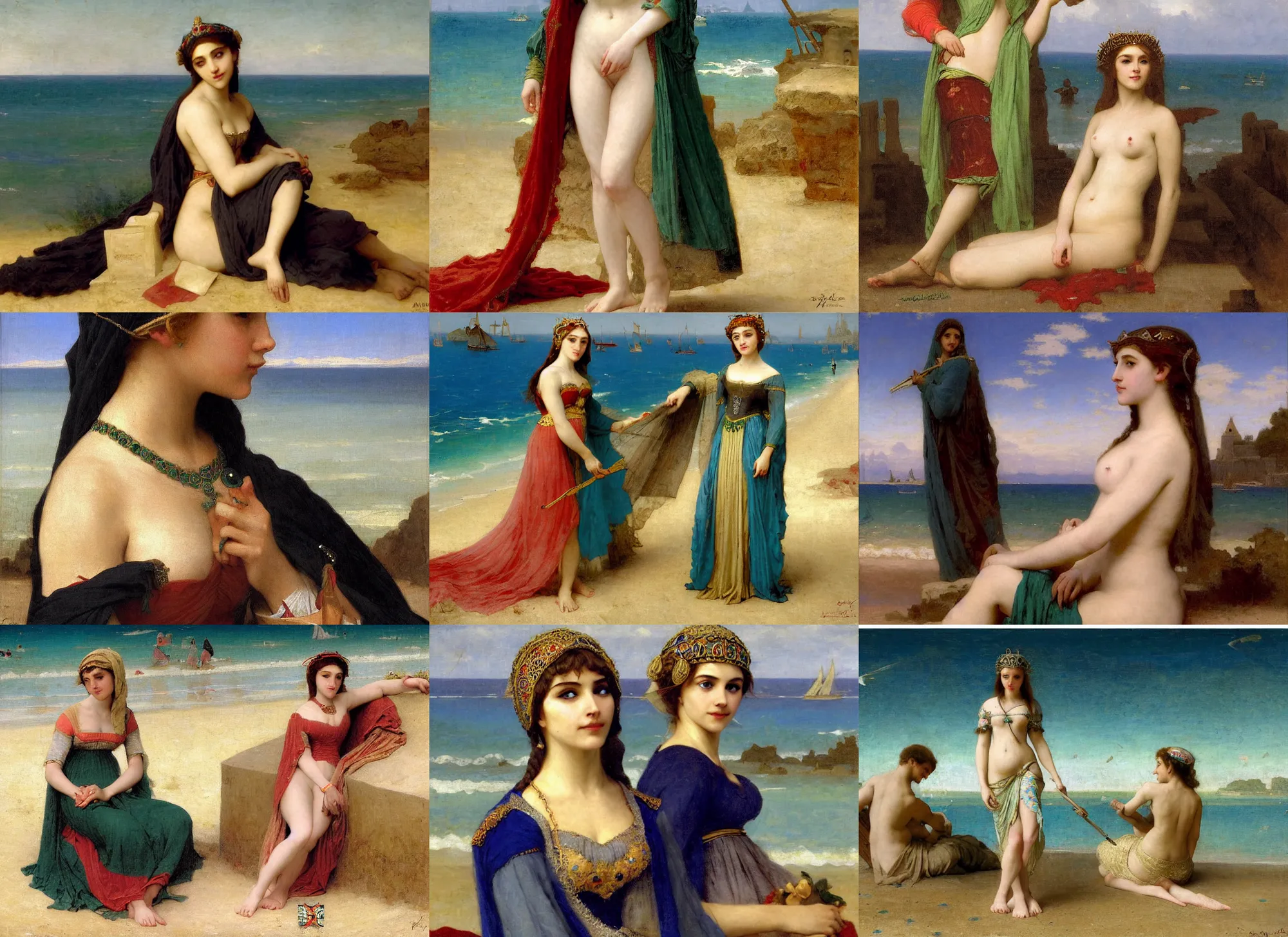 Prompt: medieval queen annasophia robb teal peplos, beach background, bouguereau