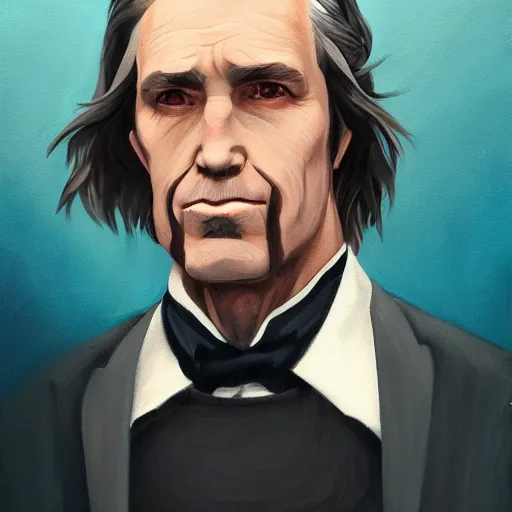 Prompt: old flowing hair handsome man with high collar fantasy, symmetrical beautiful, portrait, painting, trending on artstation