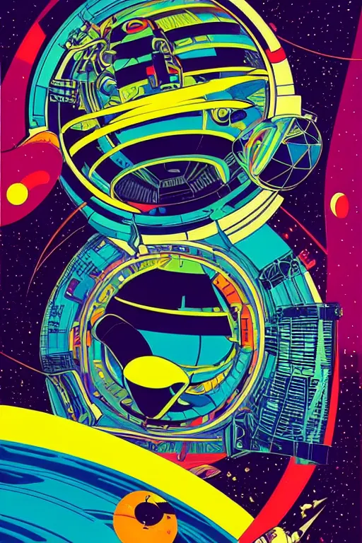 Image similar to a 6 0 s art deco poster with the interior of an international space station fuill of electronic equipment, poster art by milton glaser, kilian eng, moebius, behance contest winner, psychedelic art, concert poster, poster art, maximalist