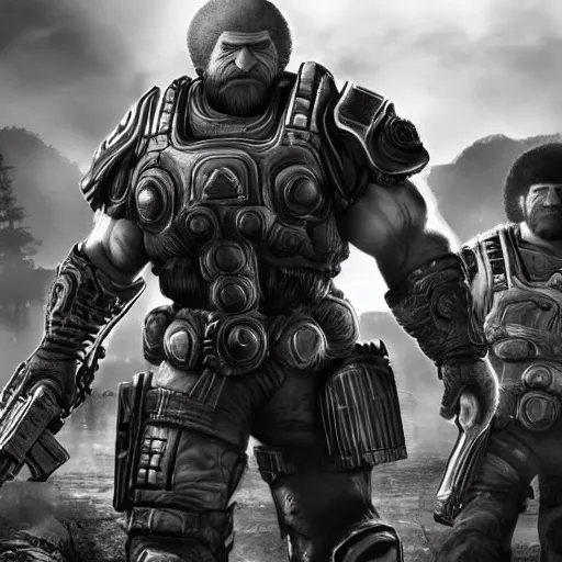 Image similar to Bob Ross in Gears of War, gloomy unreal engine 5 render