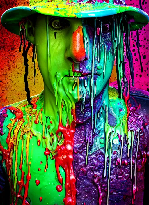 Image similar to beautiful 3 5 mm photograph of a slimy rotting zombie cop covered in colorful wet goop, dripping with colorful liquid, policeman, cop, biocop, intricate details, dark ambient, service cap, atmospheric, movie poster, poster, horror, elegant, super highly detailed, professional digital photo, artstation, concept art, 8 k