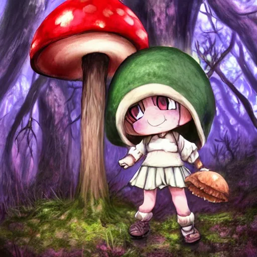 Image similar to cute little girl with a mushroom hat in dark forest, cute artwork, clean detailed, inspired in made in abyss, detailed background