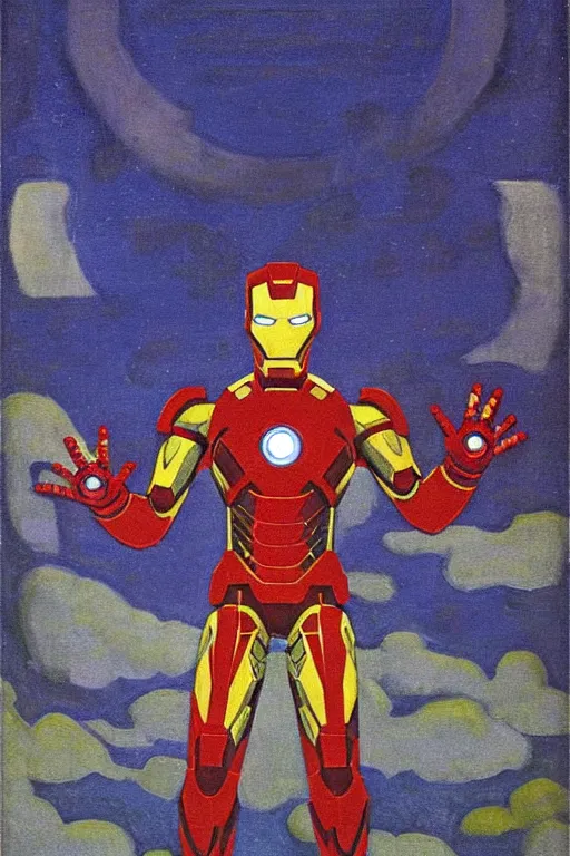 Image similar to iron man, marvel, artwork by nicholas roerich