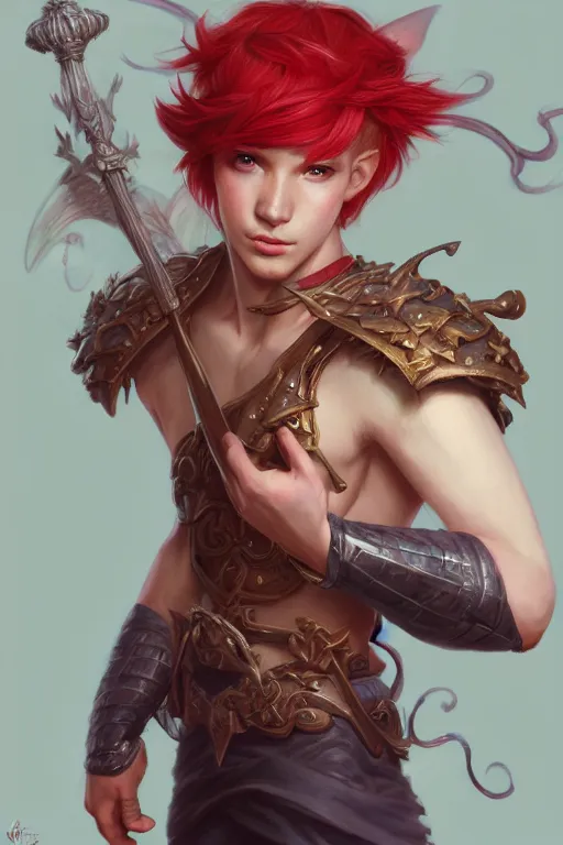 Image similar to fairy prince, red hair, highly detailed, d & d, fantasy, highly detailed, digital painting, trending on artstation, concept art, sharp focus, illustration, art by artgerm and greg rutkowski and fuji choko and viktoria gavrilenko and hoang lap