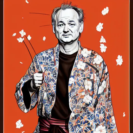 Image similar to bill murray, wearing kimono, by artgerm, cherry blossom falling, nagel