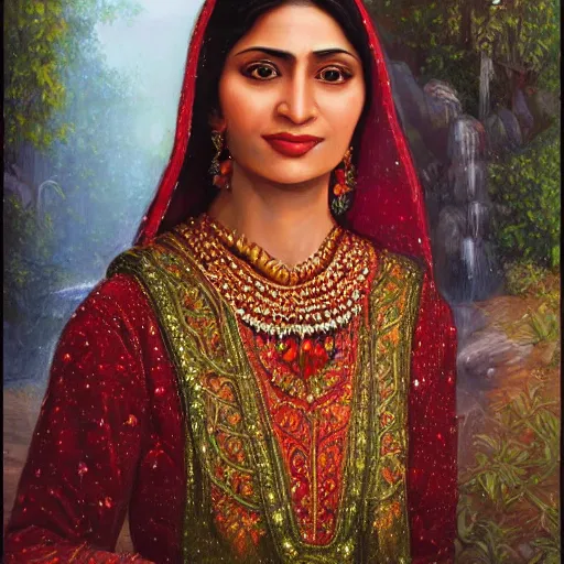 Prompt: portrait of a pakistani woman ( 3 5 ) from pakistan in 2 0 2 1, an oil painting by ross tran and thomas kincade