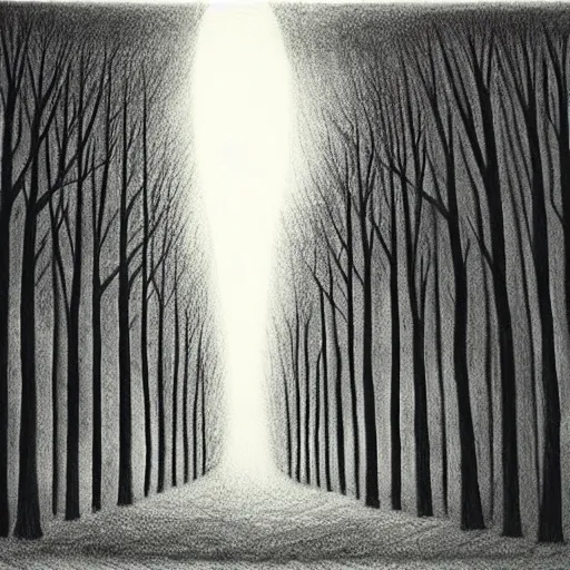Image similar to charcoal drawing of rows of trees at night, the moon is seen between the trees, a cat stands on the forest floor, illustrated by chris van allsburg, illustration, masterful, volumetric light, subdued, subtle, greyscale