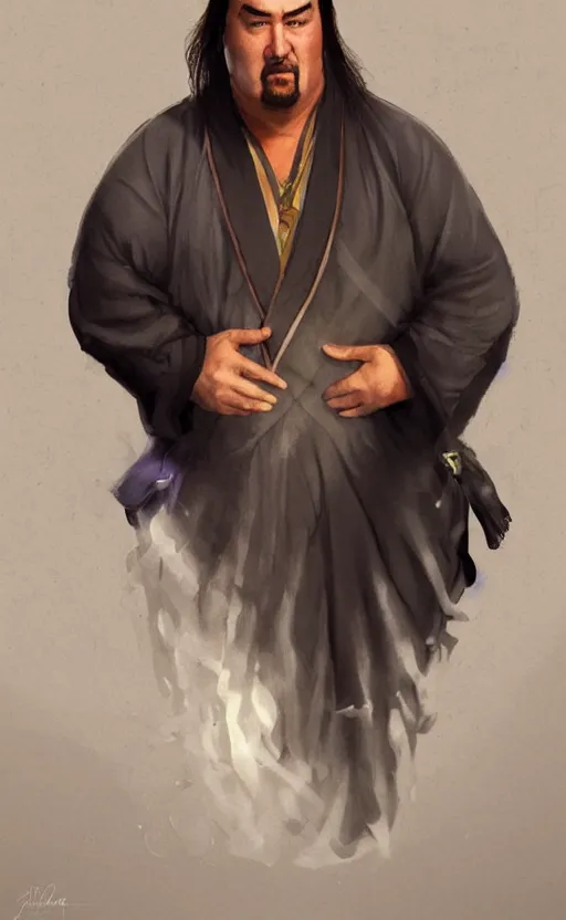 Image similar to fat steven seagal with wild hair and bright eyes. he's wearing a flowing bathrobe made of light, airy fabric and he has a mischievous look on his face, dynamic lighting, photorealistic fantasy concept art, trending on art station, stunning visuals, creative, cinematic, ultra detailed