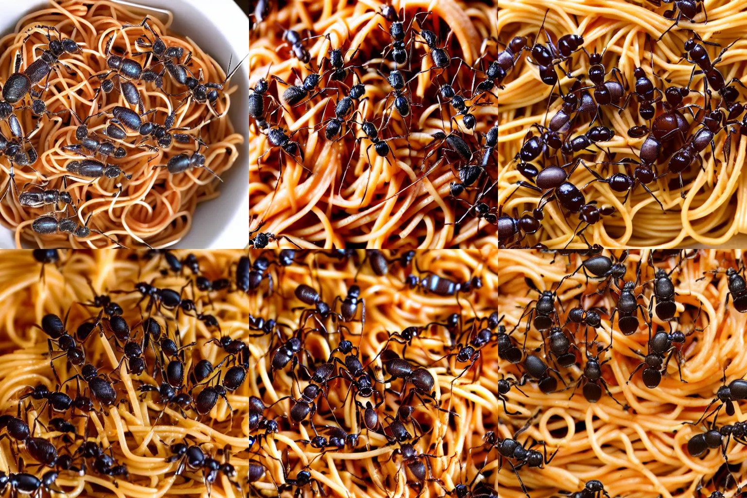 Prompt: colony of ants invading a bowl of spaghetti, close up photo