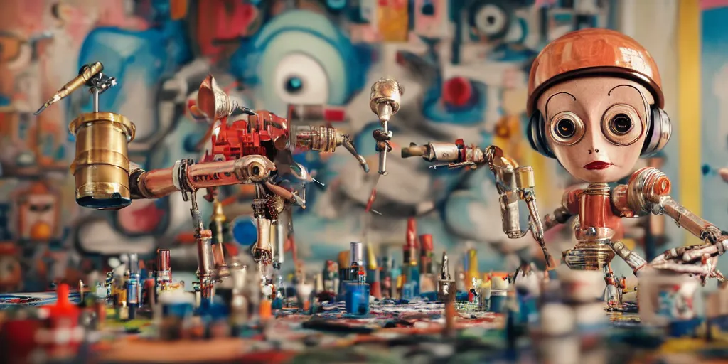 Image similar to closeup portrait of tin toy retro robot painter mixing gouache in an artist workshop, depth of field, zeiss lens, detailed, centered, fashion photoshoot, by nicoletta ceccoli, mark ryden, lostfish, breathtaking, 8 k resolution, extremely detailed, beautiful, establishing shot, artistic, hyperrealistic, octane render