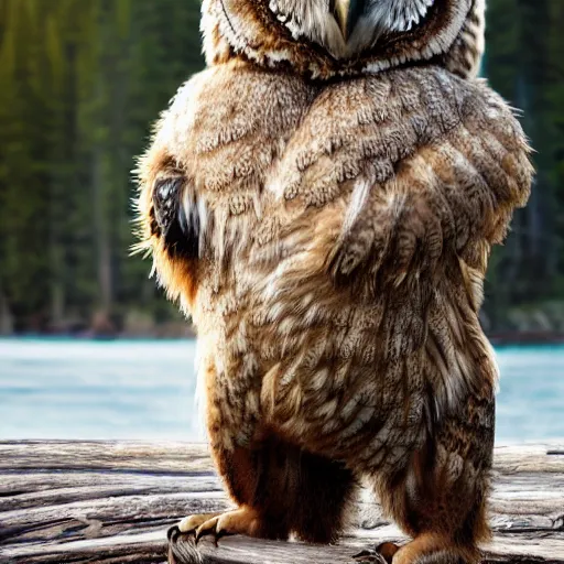 Prompt: An owl with the body of a bear, standing up , 8k, ultra realistic, professional photography