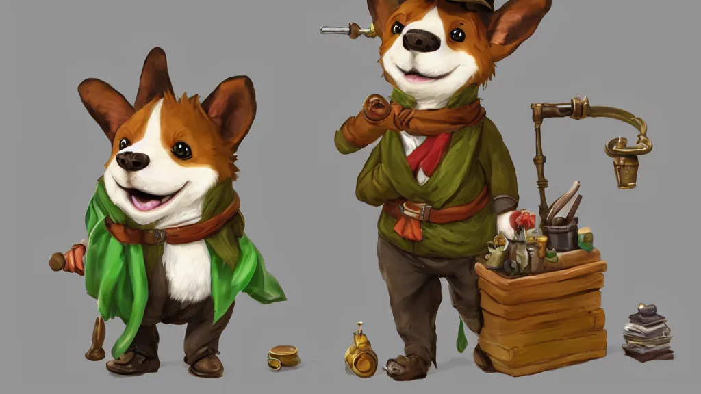 Prompt: An anthropomorphic corgi with a smoking pipe and a green scarf around his neck dressed as a wandering salesman in a fantasy setting. He has a miniature donkey loaded up with all of his wares, dreamscape, dramatic lighting, fantasy art illustration, trending on artstation, Aetherpunk