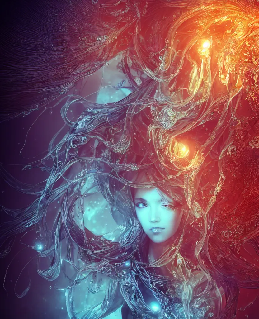 Image similar to close-up macro portrait of the face of a beautiful princess, epic angle and pose, symmetrical artwork, 3d with depth of field, blurred background, cybernetic jellyfish female face skull phoenix bird, translucent, nautilus, energy flows of water and fire. a highly detailed epic cinematic concept art CG render. made in Maya, Blender and Photoshop, octane render, excellent composition, cinematic dystopian brutalist atmosphere, dynamic dramatic cinematic lighting, aesthetic, very inspirational, arthouse. y Greg Rutkowski, Ilya Kuvshinov, WLOP, Stanley Artgerm Lau, Ruan Jia and Fenghua Zhong