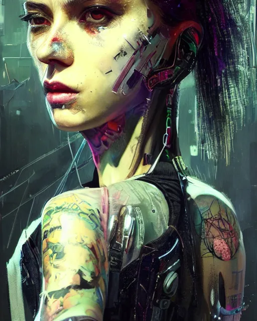 Image similar to detailed portrait Young Gangster Girl cyberpunk futuristic ((neon)) tattoes, styled hair Reflective gauzy fine-spun film jacket, decorated traditional ornaments by ismail inceoglu dragan bibin hans thoma greg rutkowski Alexandros Pyromallis Nekro Zac Retz illustrated Perfect face, fine details, realistic shaded, fine-face, pretty face