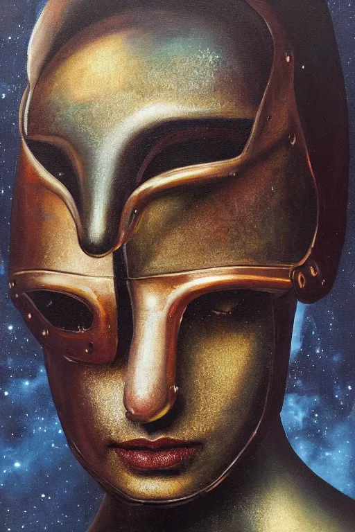 Image similar to hyperrealism oil painting, close - up portrait of face hiding in stingray medieval fashion model, knight, steel gradient mixed with nebula sky, in style of baroque mixed with 7 0 s book art