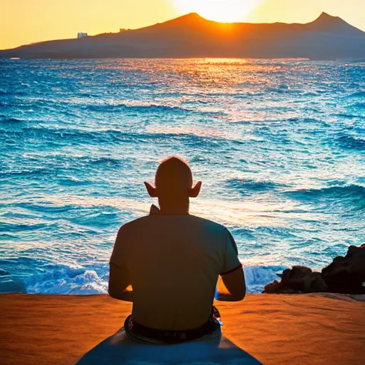 Prompt: a sailor watching the sunset with diamond head hawaii in the background