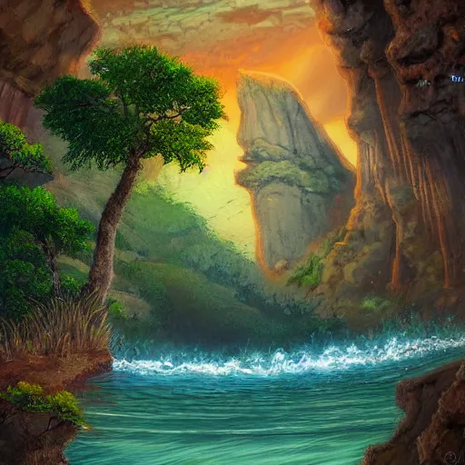 Image similar to painting of a lush natural scene on an alien planet featured on deviantart. beautiful landscape. weird vegetation. cliffs and water.