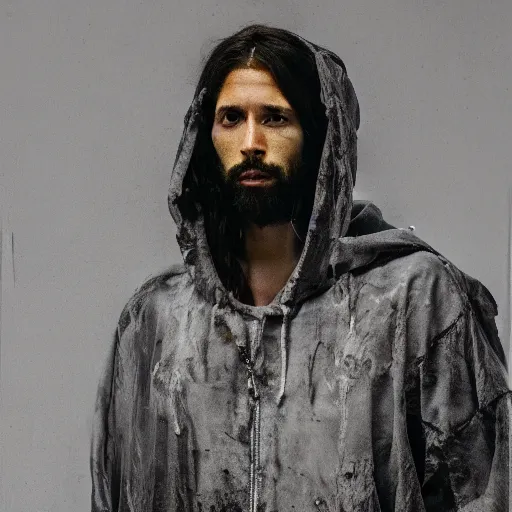 Prompt: a full body portrait of modern day jesus wearing hypebeast streetwear hoodie and pants by nicola samori, oil painting, realistic, 8 k, fear of god style