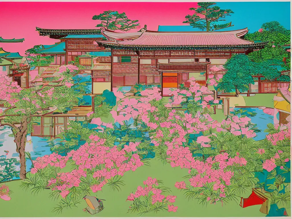 Image similar to image of a traditional japanese house with a garden, a pond in the garden, pink children are sitting around it, a combination of pop art and traditional japanese painting styles, the style of andy warhol, roy lichtenstein and jackie tsai, bright palette, acrylic on canvas