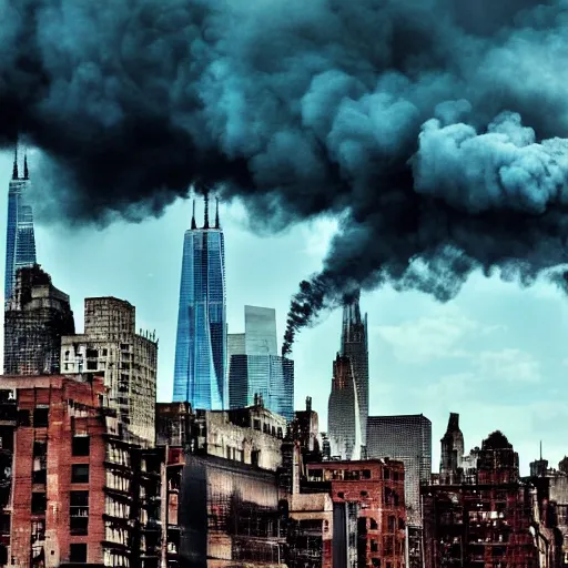 Prompt: dystopian, destroyed new york city, real, blue sky, smoke, red clouds, detailed, award winning, masterpiece, photograph, cinematic, hyperrealism