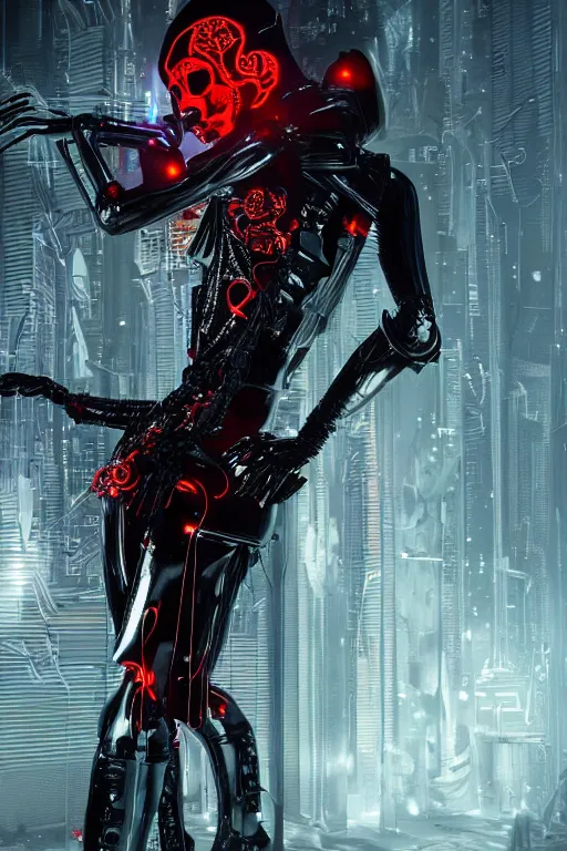 Image similar to full-body cyberpunk style sculpture of a young beautiful dark priestess, half android with a head opening exposing circuitry, glowing red eyes, black roses, flowing blood-red colored silk, fabric, candles. baroque elements, human skull, full-length view. baroque element. intricate artwork by Caravaggio. crows flying in background. Trending on artstation, octane render, cinematic lighting from the right, hyper realism, octane render, 8k, depth of field, 3D