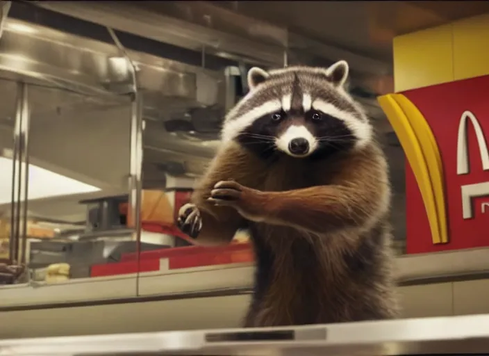 Image similar to film still of Rocket Racoon working at McDonald's in the new Avengers movie, 4k