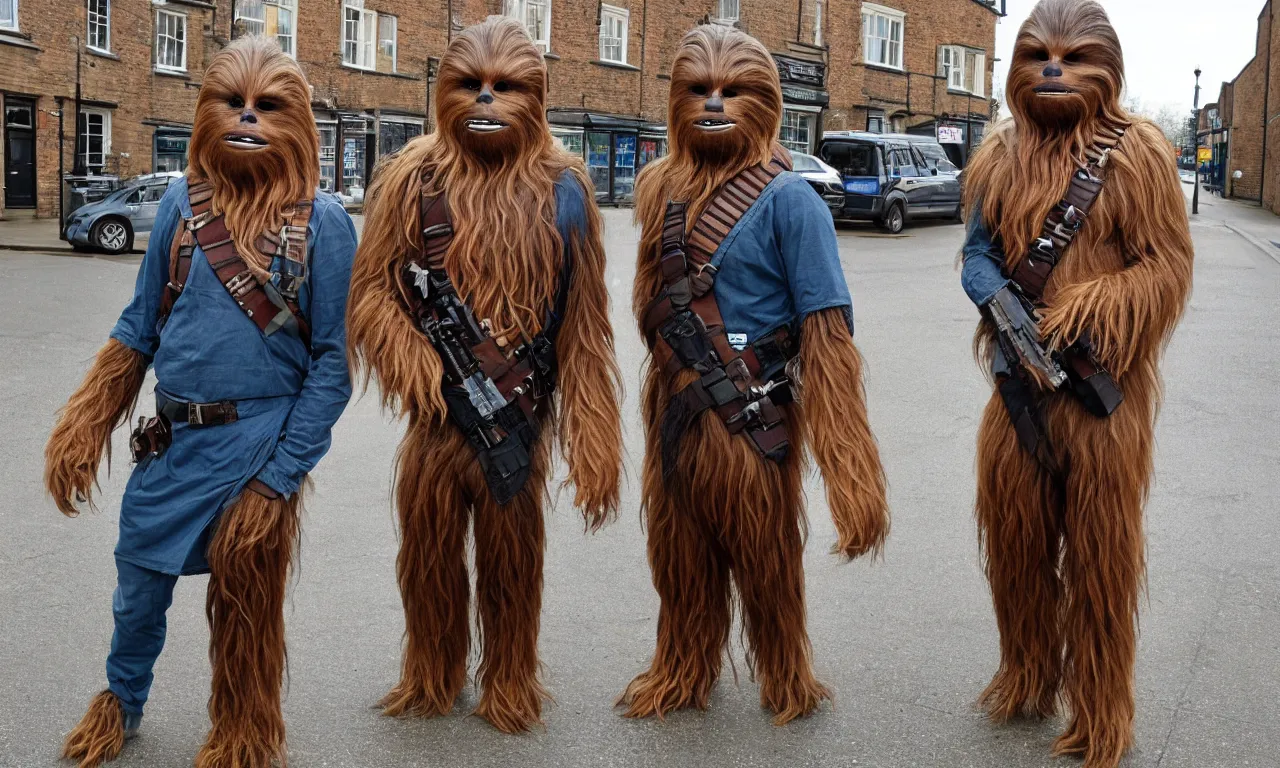 Prompt: photo of chewbacca and krrsantan standing on the streets of rochester, england