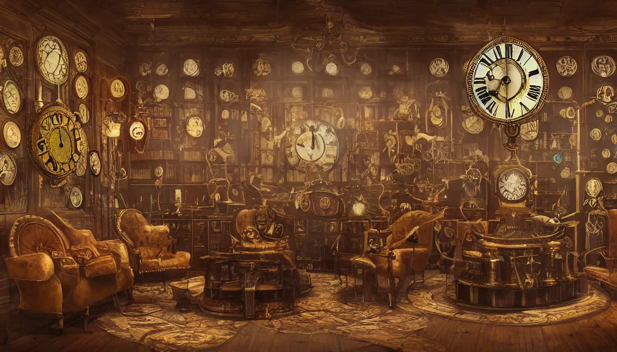 Image similar to a circular common room full of antique clocks, high detail, concept art, illustration, steampunk, fantasy, mechanical, 4 k, trending on artstation