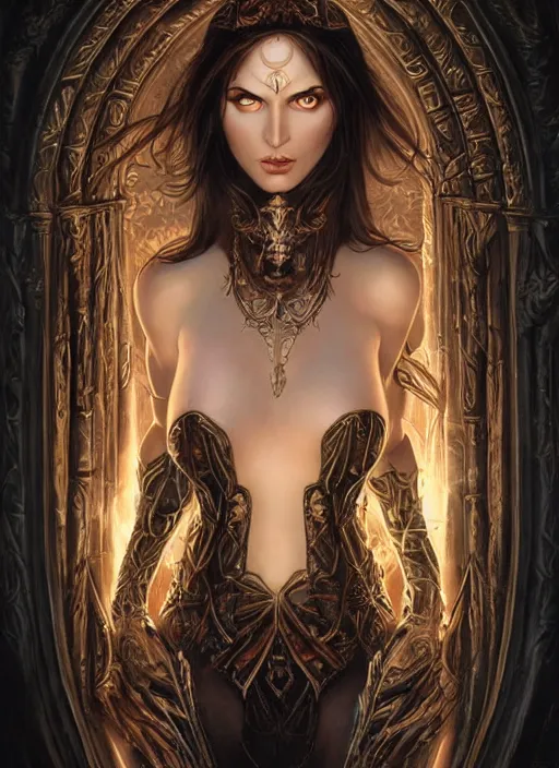 Image similar to a highly detailed symmetrical painting of a sorceress with piercing beautiful eyes, dark tomb setting, dynamic lighting, ambient lighting, deviantart, art by mark brooks and artgerm and karol bak