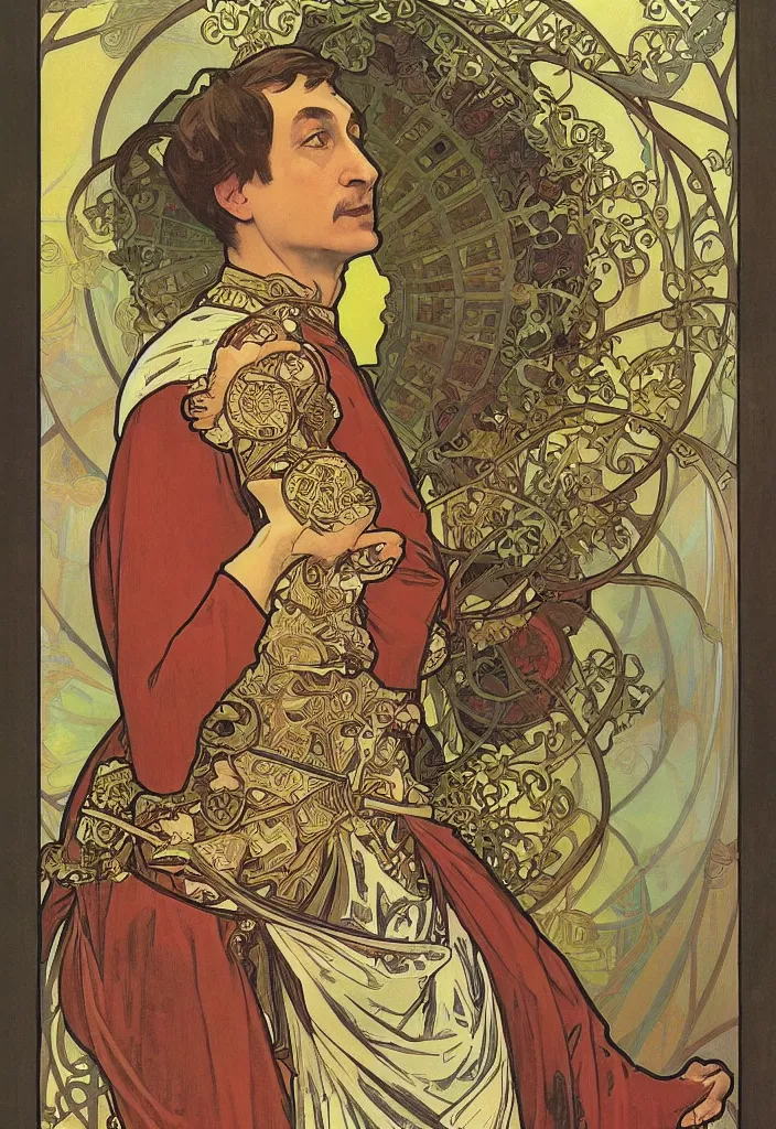 Prompt: geoffrey hinton as the emperor on a tarot card, tarot in art style by alphonse mucha