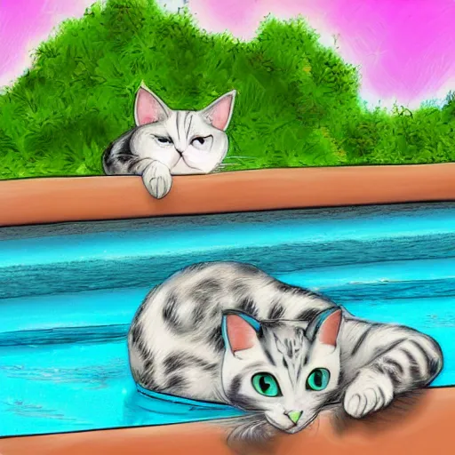 Prompt: a drawing of cat relaxing by the pool at a villa, vaporwave, digital art, detailed