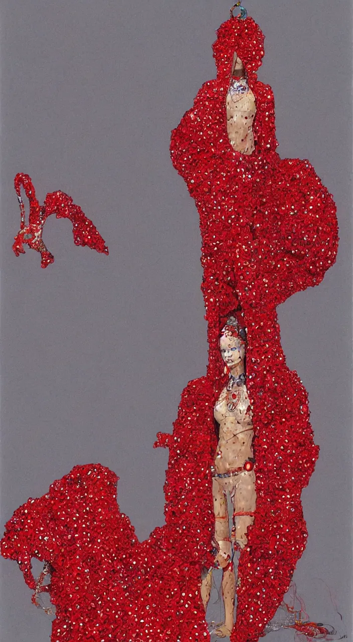Image similar to a full - body woman character design concept art wearing a red sequined bodysuit, beads hanging over her face like an alexander mcqueen headdress, costume by eiko ishioka, haute couture by moebius, steven outram, colorful and psychedelic