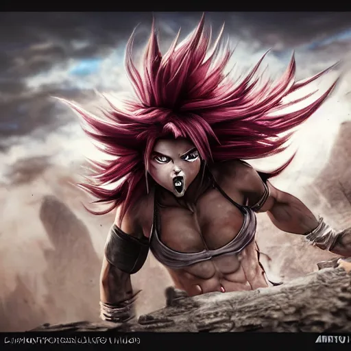 Image similar to fistfight, bloody, brutal, warrior girl, muscular girl, wild spiky black saiyan hair, long spiky hair, electrified hair, fistfighting, ultra realistic, intricate details, highly detailed, subsurface scattering, photorealistic, octane render, 8 k, art by artgerm, greg rutkowski, magali villeneuve, alphonse mucha