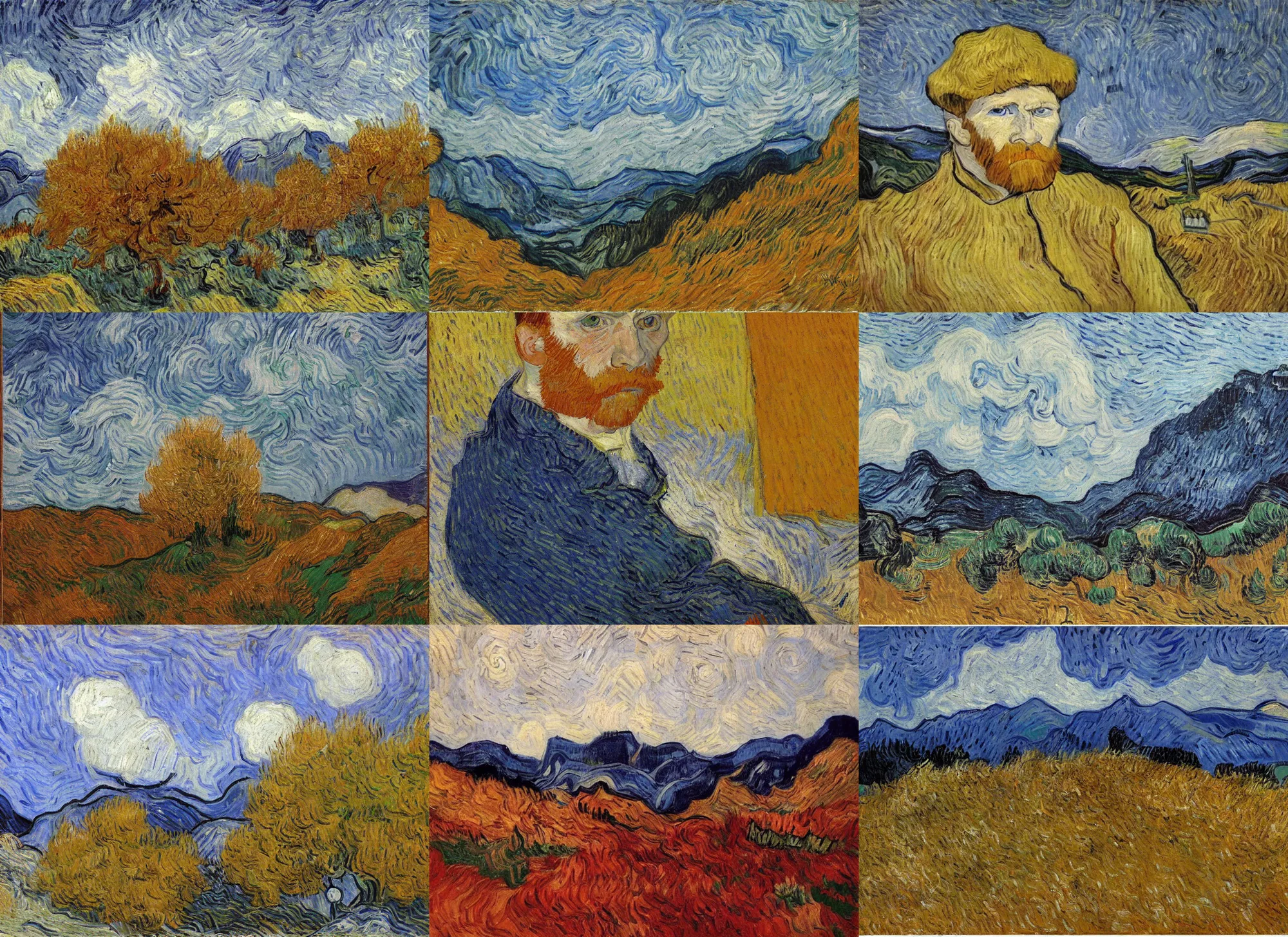 Prompt: autumn in the mountains, blizzard in the sky, portrait by vincent van gogh