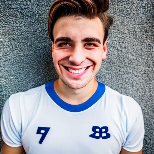 Prompt: a photographic portrait of a young Caucasian man smiling with short brown hair that sticks up in the front, blue eyes, groomed eyebrows, tapered hairline, sharp jawline, wearing a volleyball jersey, sigma 85mm f/1.4, 15mm, 35mm, 4k, high resolution, 4k, 8k, hd, full color