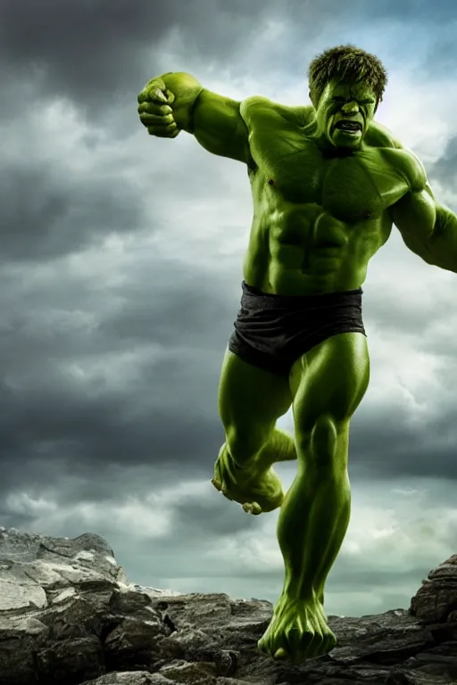Prompt: yan mcgregor dressed like the hulk, 8 k, hdr, great light, gustave courbet, annie leibowitz