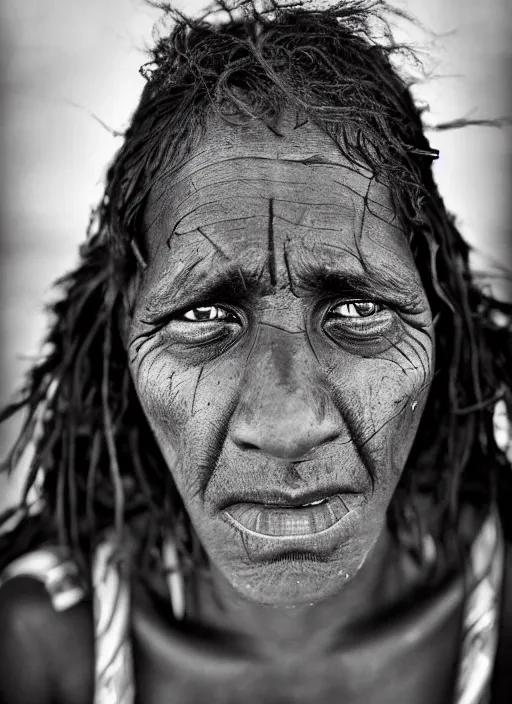 Image similar to Award winning Editorial photo of a Native Nauruans with incredible hair and beautiful hyper-detailed eyes wearing traditional garb by Lee Jeffries, 85mm ND 5, perfect lighting, gelatin silver process