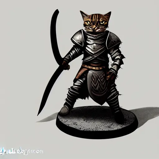 Image similar to quarter length vogue fashion photo portrait of a dark tabby tabaxi paladin, halberd, plate armor, d & d, tyler jacobson