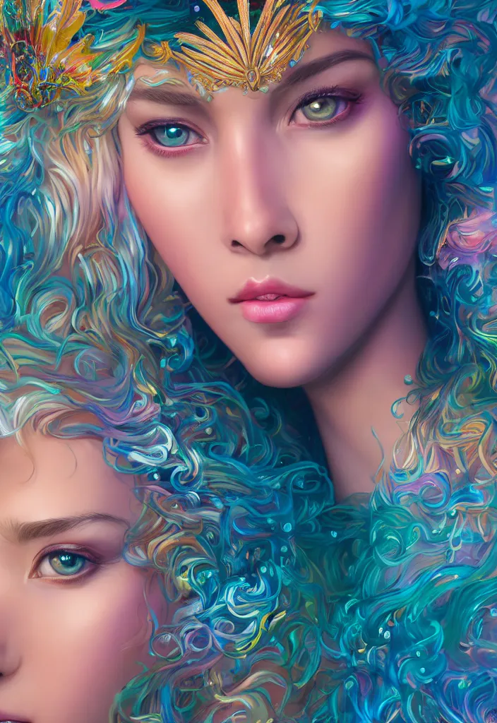 Image similar to beautiful, young woman, detailed gorgeous face, vaporwave aesthetic, synthwave, colorful, psychedelic, water droplets, feathers, crown, artstation, concept art, smooth, extremely sharp detail, finely tuned detail, ultra high definition, 8 k, unreal engine 5, ultra sharp focus, illustration, art by artgerm and greg rutkowski and alphonse mucha