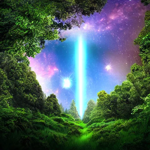 Prompt: A photo realistic green forrest with blue skies, a portal with a nebula is showing at the back
