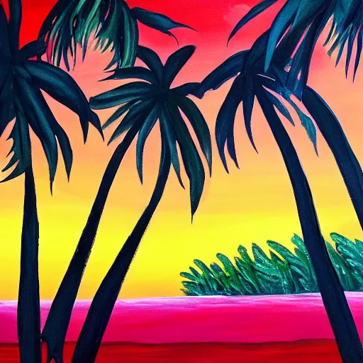 Prompt: painting of palm trees in a sea of blood and destruction, colorful, happy, extreme details