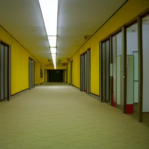 Image similar to 1 9 9 0 s vhs tape still, interior of an empty office building, long corridor with empty rooms, old faded yellow wallpaper, carpet, fluorescent light, suspended ceiling, creepy